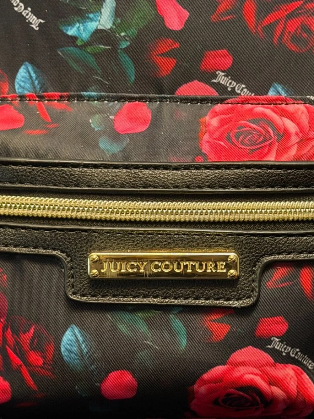 Juicy Couture Rosie Floral Mini Backpack - Black with Red Roses & Gold